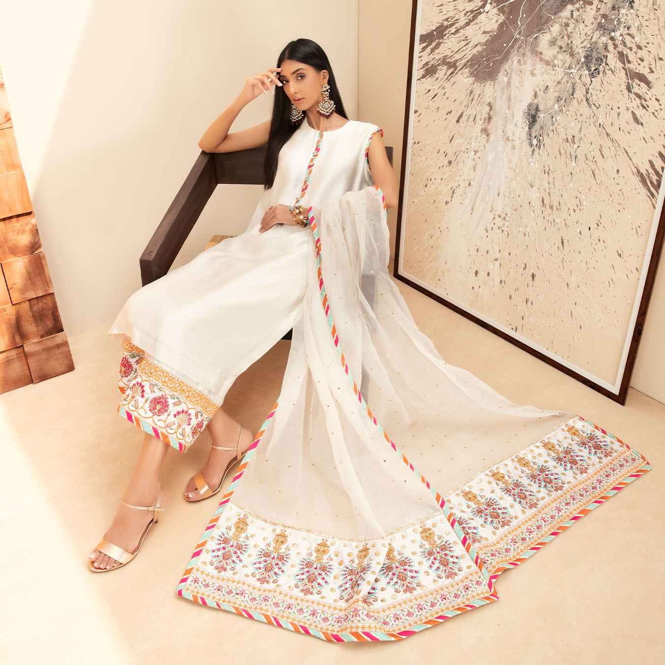 Pakistani Ivory Chattapatti Embroidered Tissue Silk Salwar Kameez (3-Piece) - Image 5