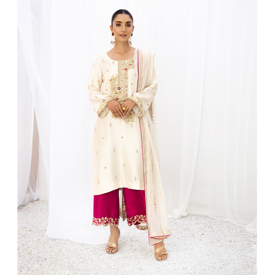 Pakistani Ivory Hand-Embellished Tissue Silk Salwar Kameez (3-Piece) - Image 1