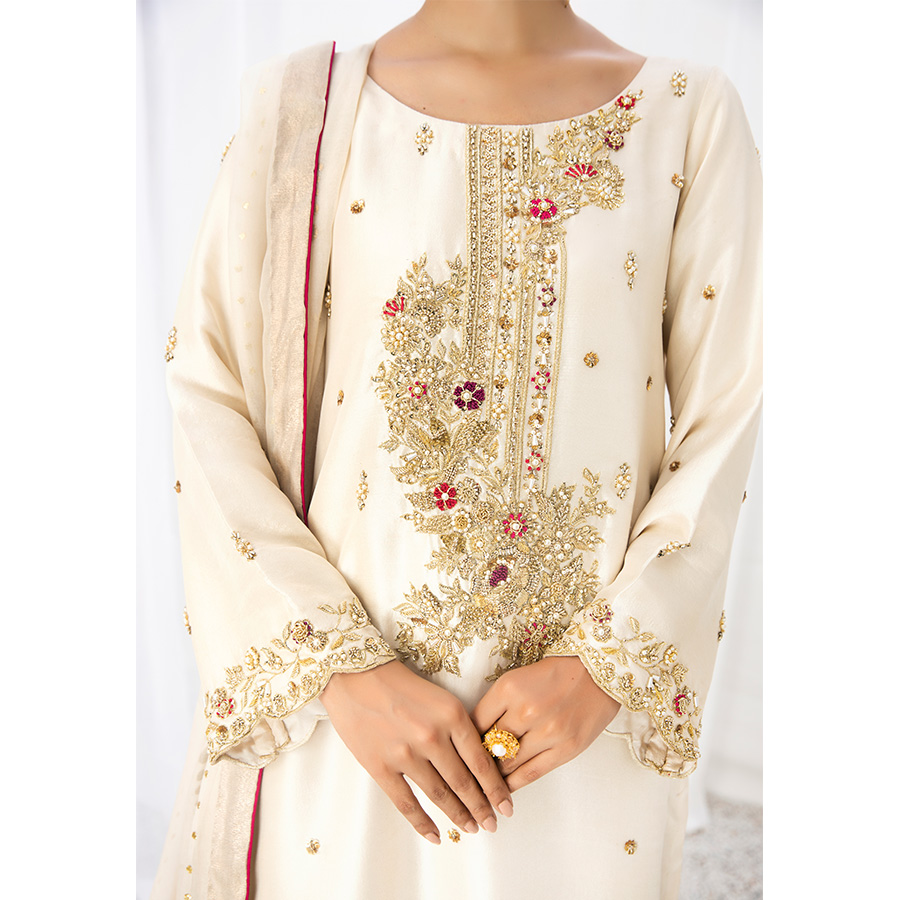 Pakistani Ivory Hand-Embellished Tissue Silk Salwar Kameez (3-Piece) - Image 2