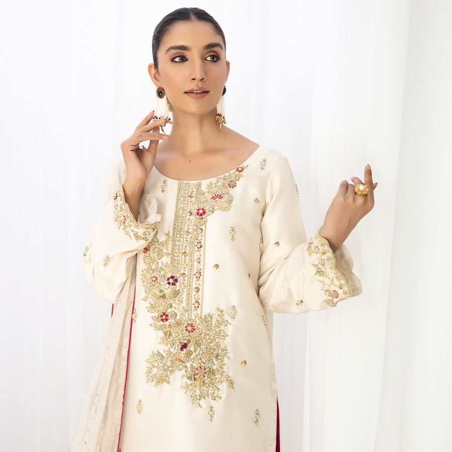 Pakistani Ivory Hand-Embellished Tissue Silk Salwar Kameez (3-Piece) - Image 3