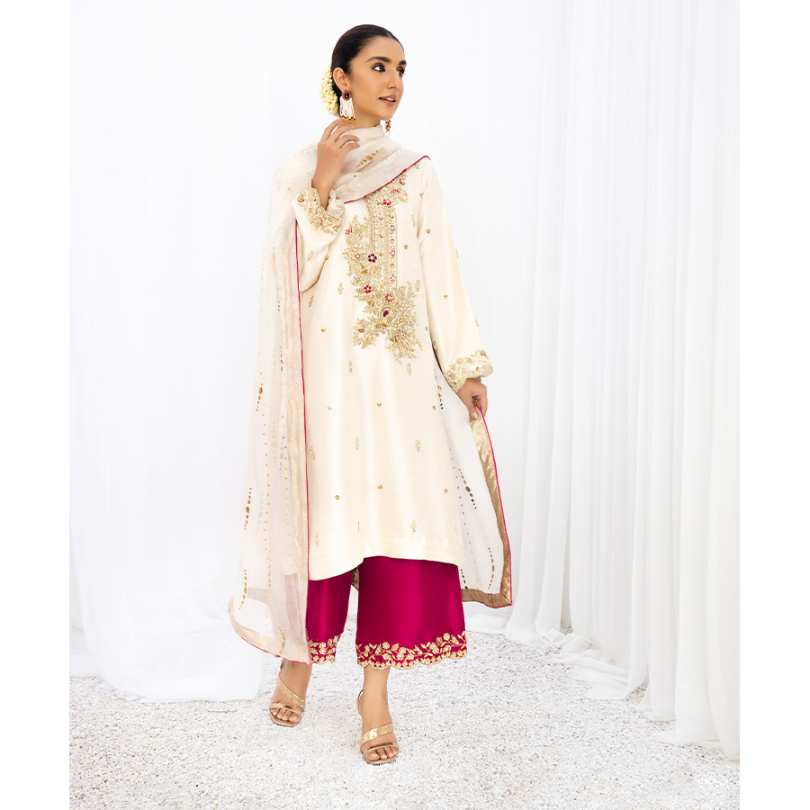 Pakistani Ivory Hand-Embellished Tissue Silk Salwar Kameez (3-Piece) - Image 4