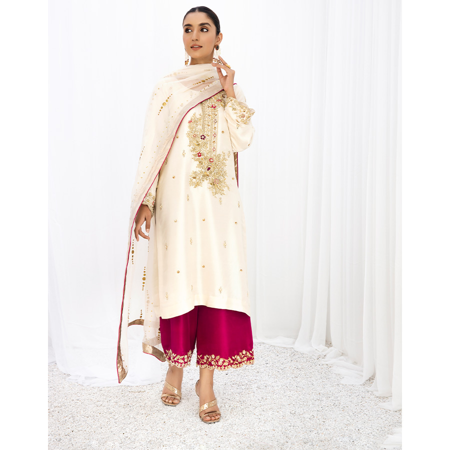 Pakistani Ivory Hand-Embellished Tissue Silk Salwar Kameez (3-Piece) - Image 5