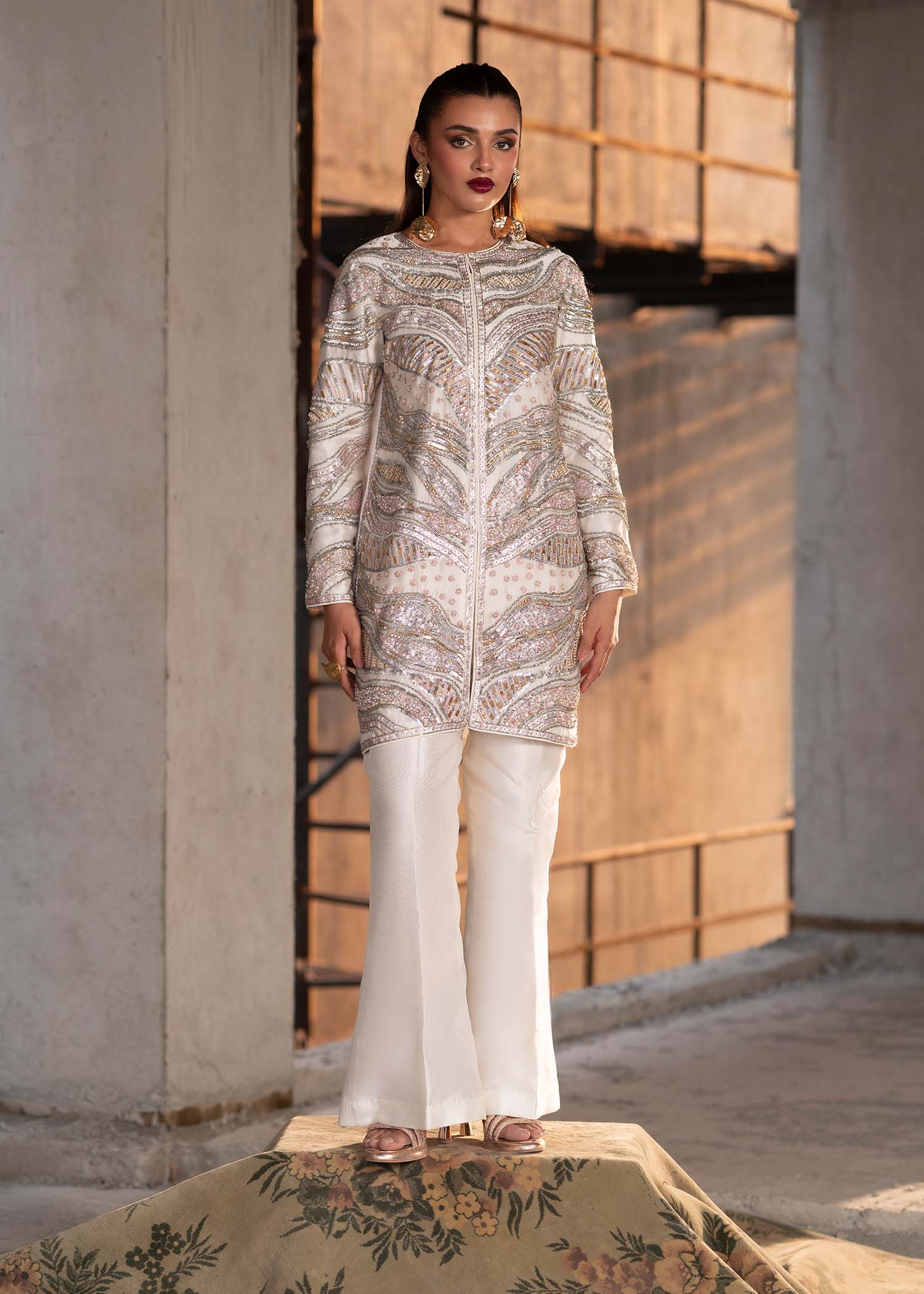 Ivory Embellished Tissue Silk Jacket & Bell-Bottoms (3-Piece) - Image 1