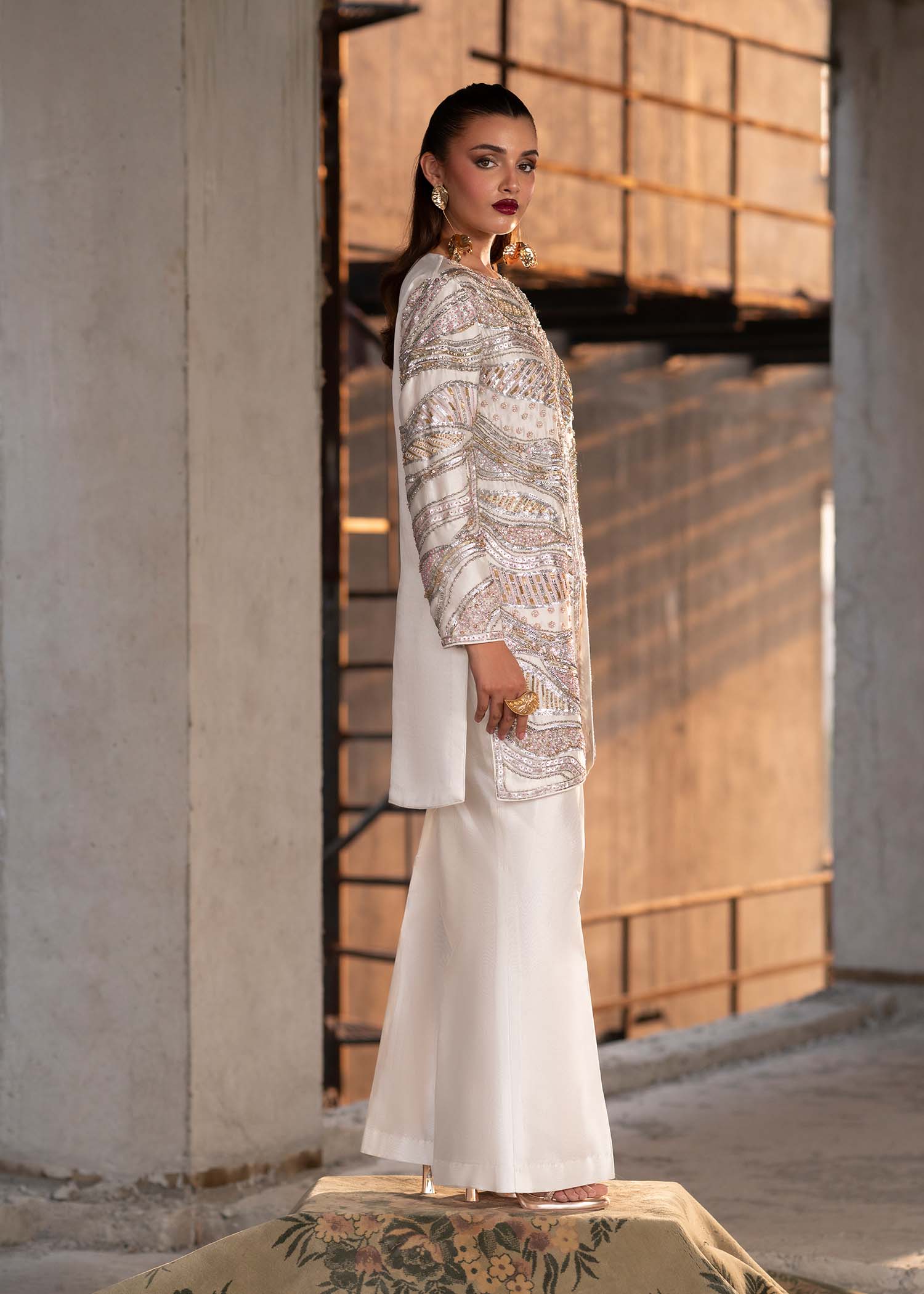 Ivory Embellished Tissue Silk Jacket & Bell-Bottoms (3-Piece) - Image 2