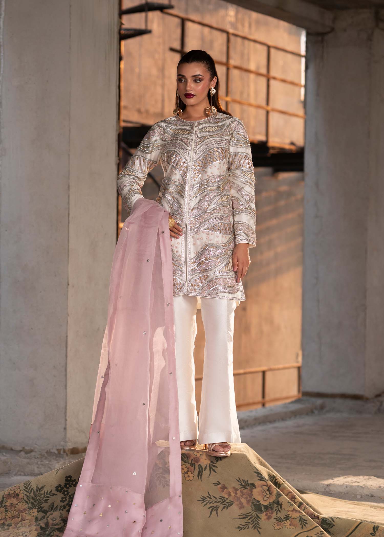 Ivory Embellished Tissue Silk Jacket & Bell-Bottoms (3-Piece) - Image 3