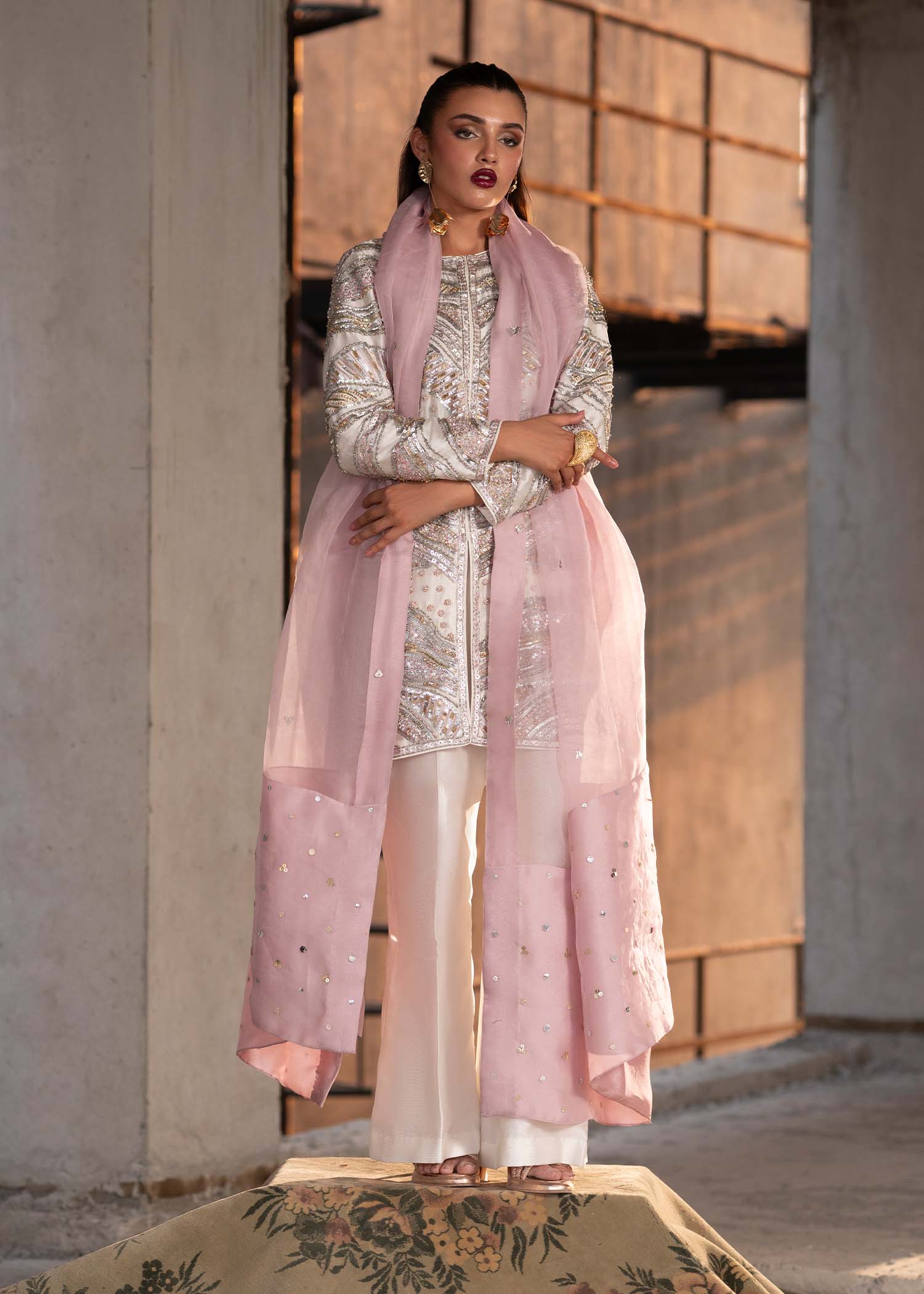 Ivory Embellished Tissue Silk Jacket & Bell-Bottoms (3-Piece) - Image 4