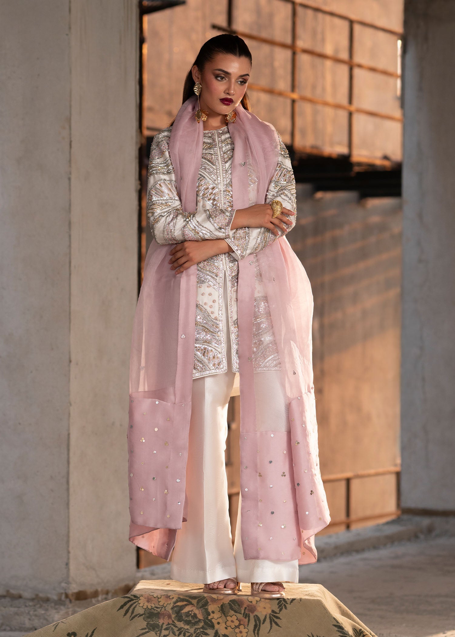 Ivory Embellished Tissue Silk Jacket & Bell-Bottoms (3-Piece) - Image 5