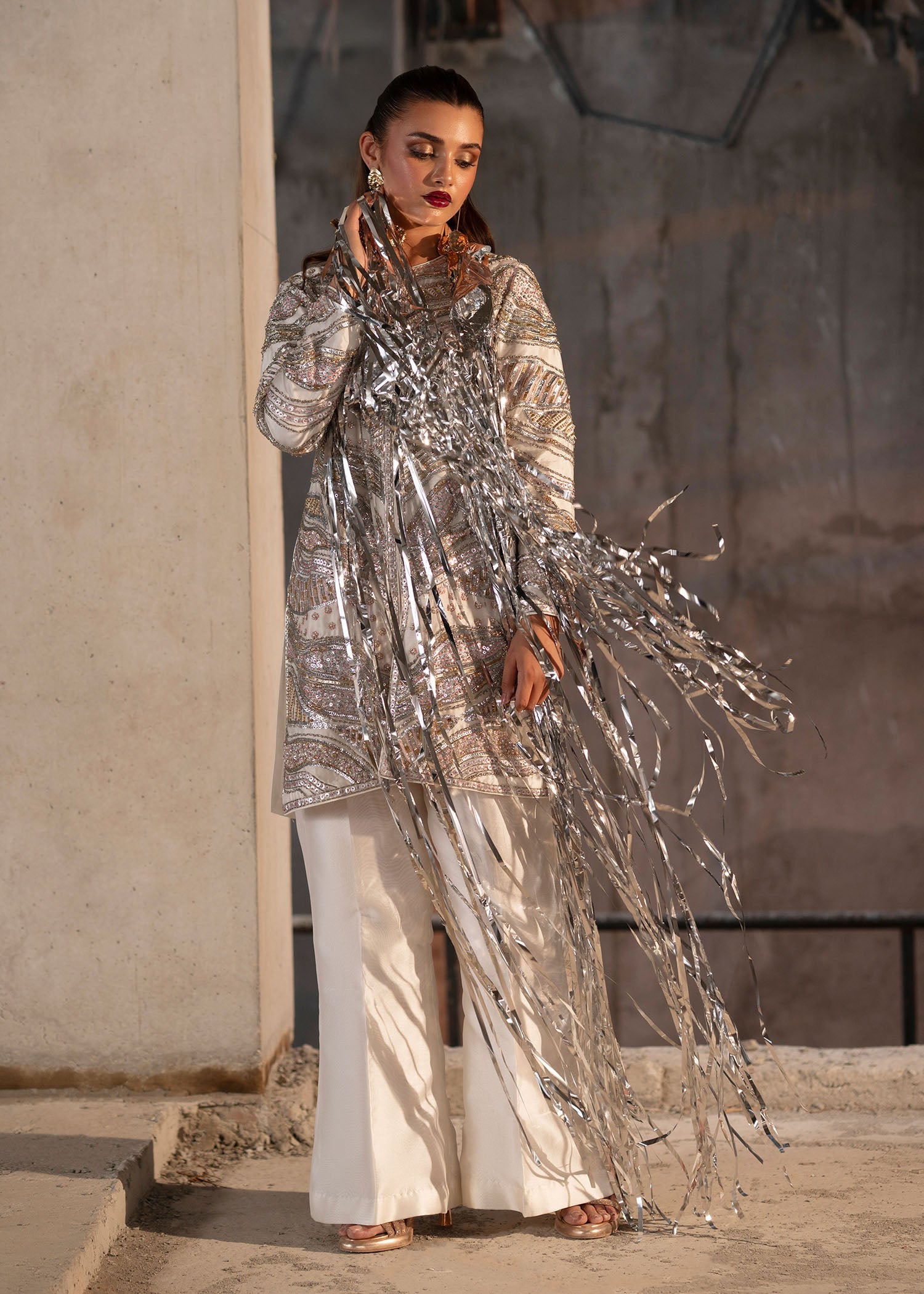 Ivory Embellished Tissue Silk Jacket & Bell-Bottoms (3-Piece) - Image 7