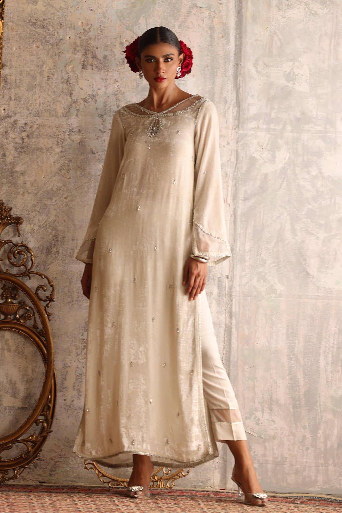 Ivory Embellished Velvet Salwar Kameez (2-Piece) - Image 1