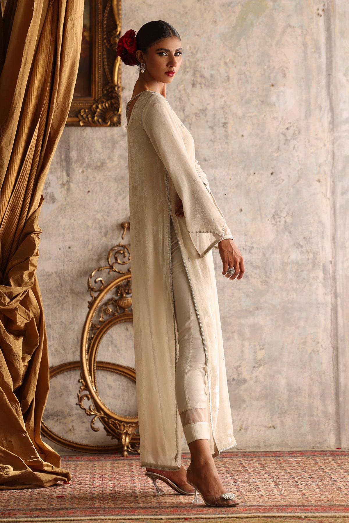 Ivory Embellished Velvet Salwar Kameez (2-Piece) - Image 2