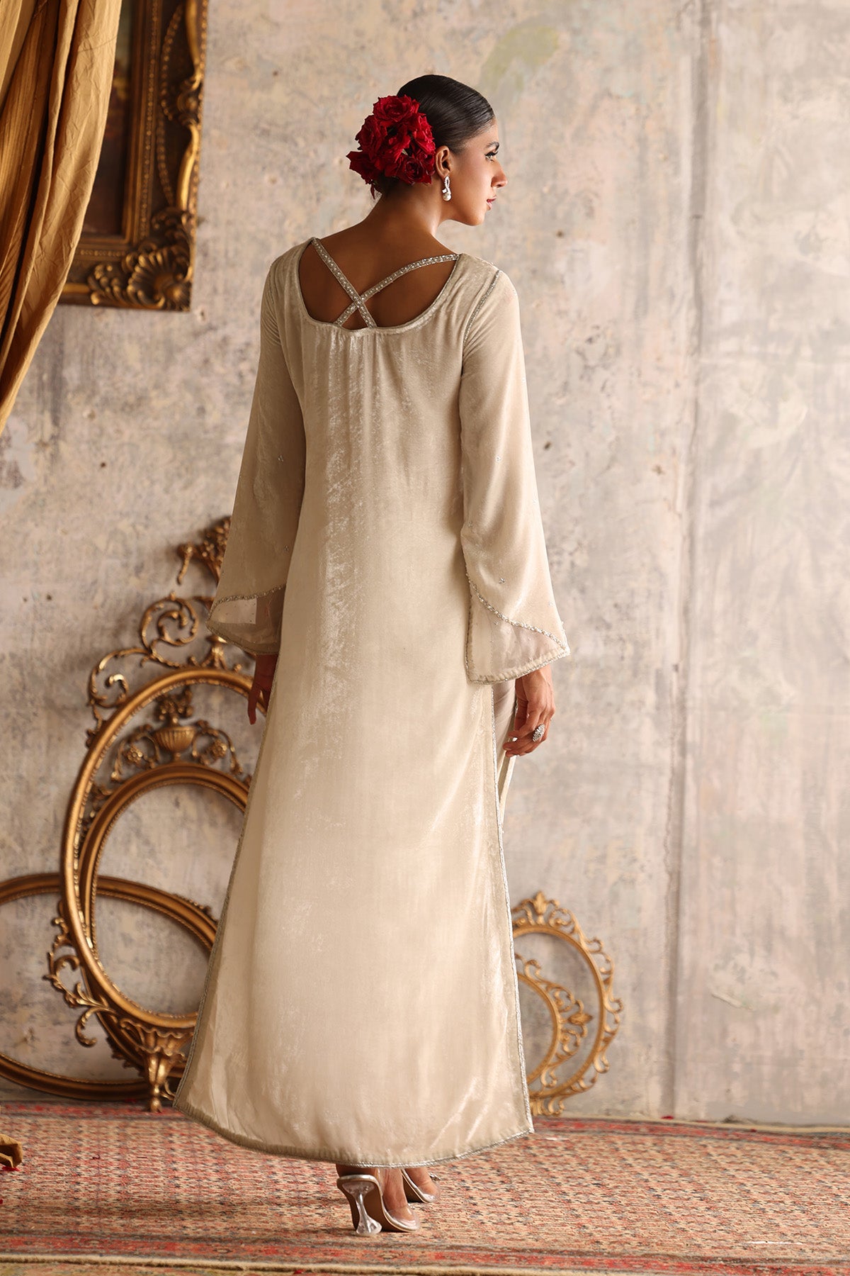 Ivory Embellished Velvet Salwar Kameez (2-Piece) - Image 3