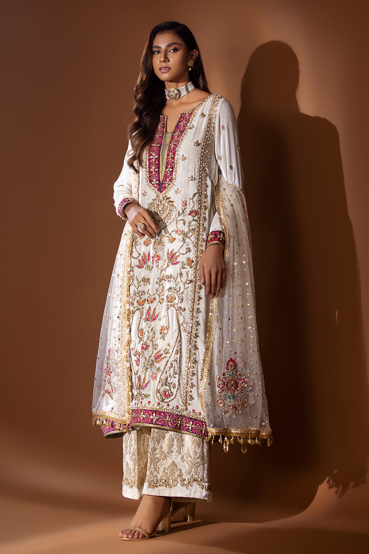 Pakistani Off-White Embellished Velvet & Jamawar Salwar Kameez (3-Piece) - Image 1