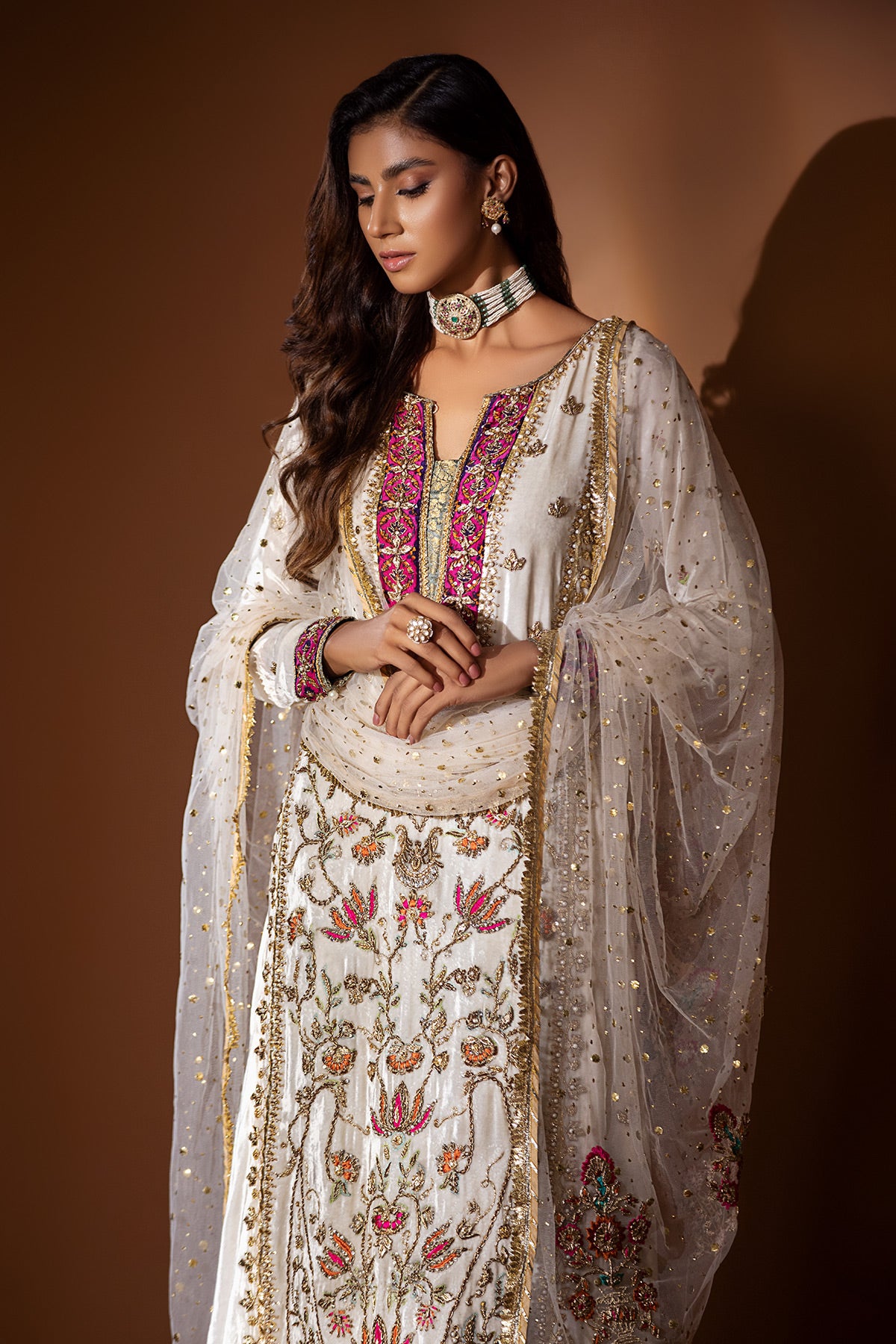 Pakistani Off-White Embellished Velvet & Jamawar Salwar Kameez (3-Piece) - Image 2