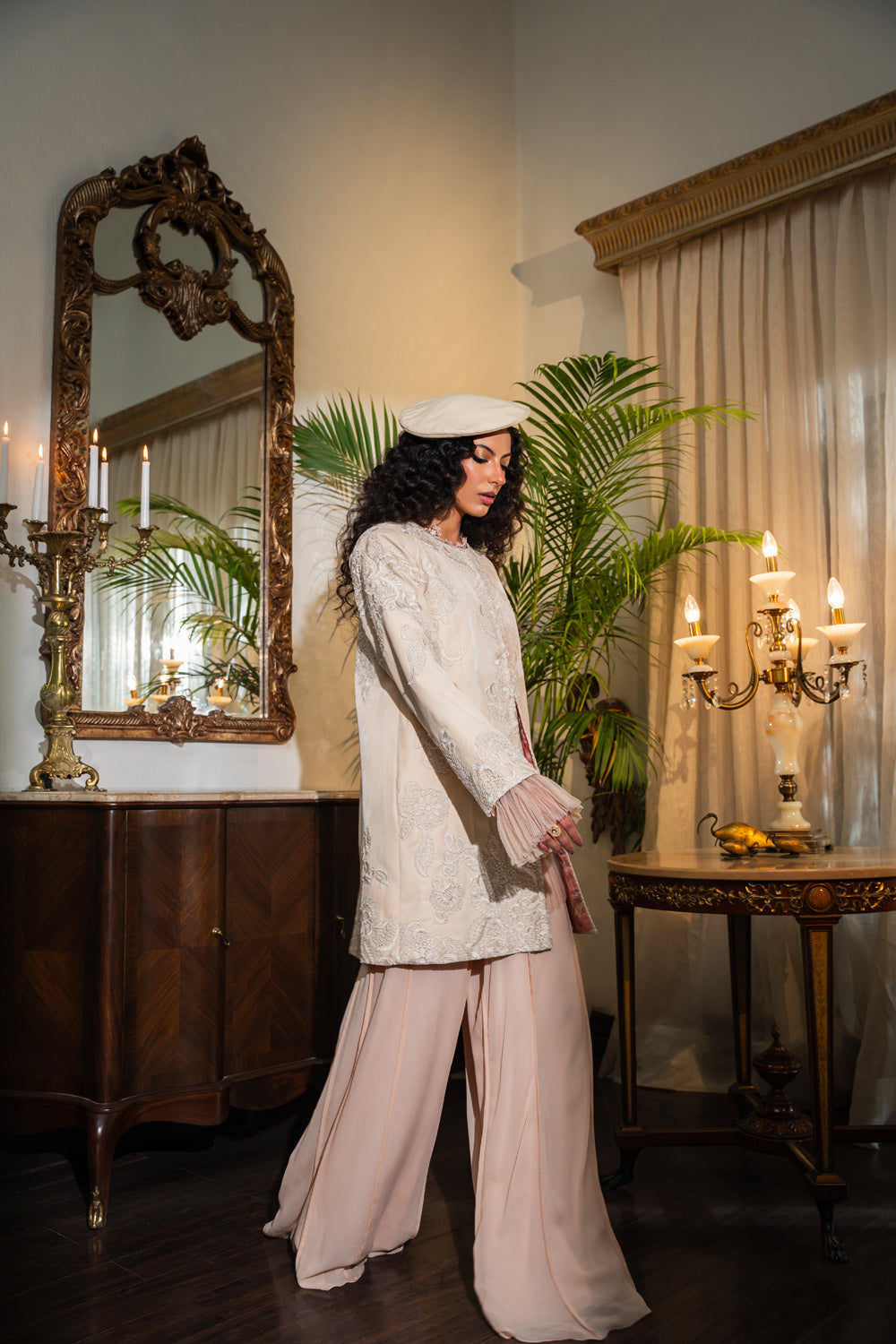 Pakistani Ivory Embroidered Velvet Jacket 3-Piece Set - Image 1