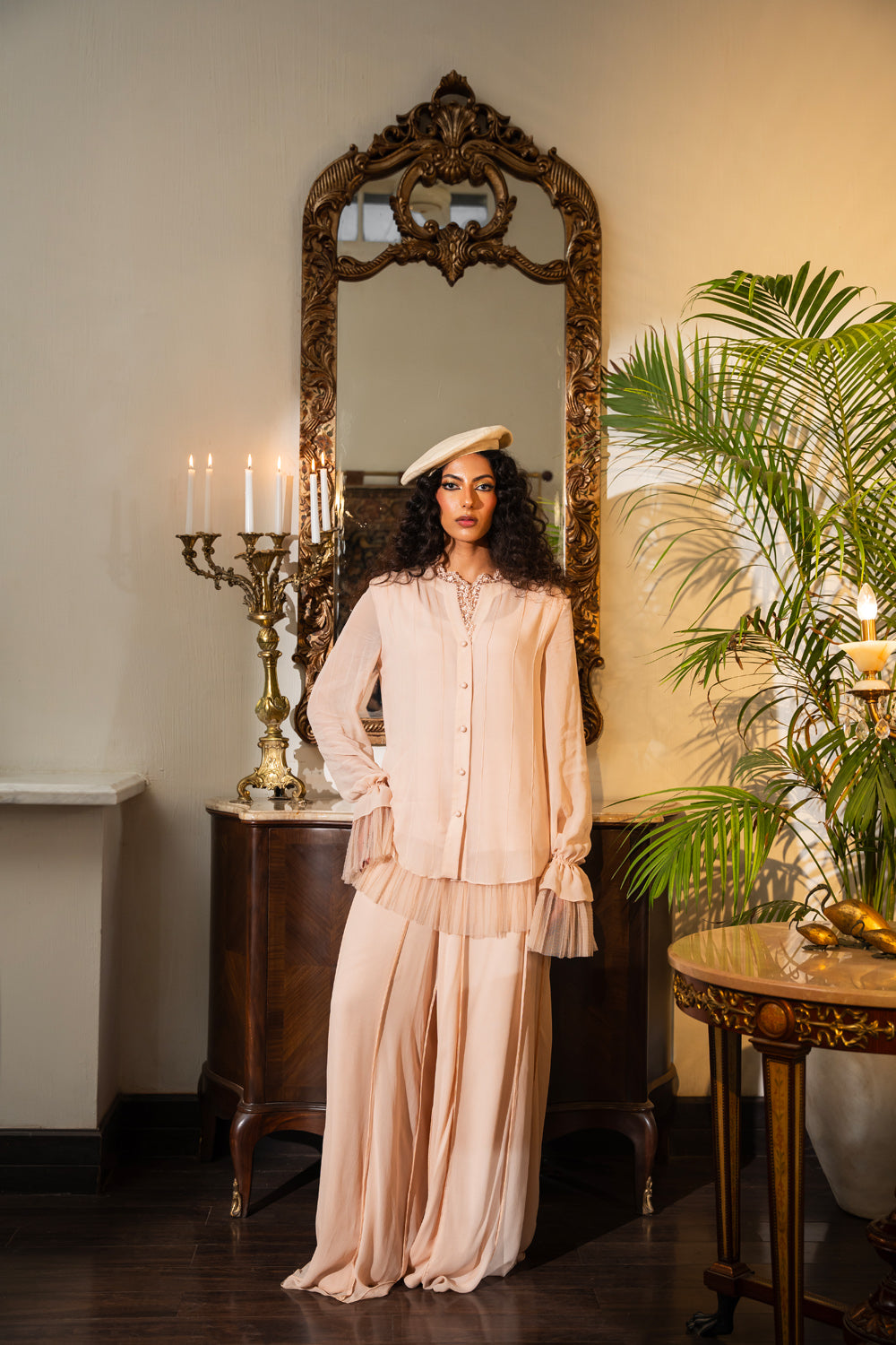 Pakistani Ivory Embroidered Velvet Jacket 3-Piece Set - Image 2