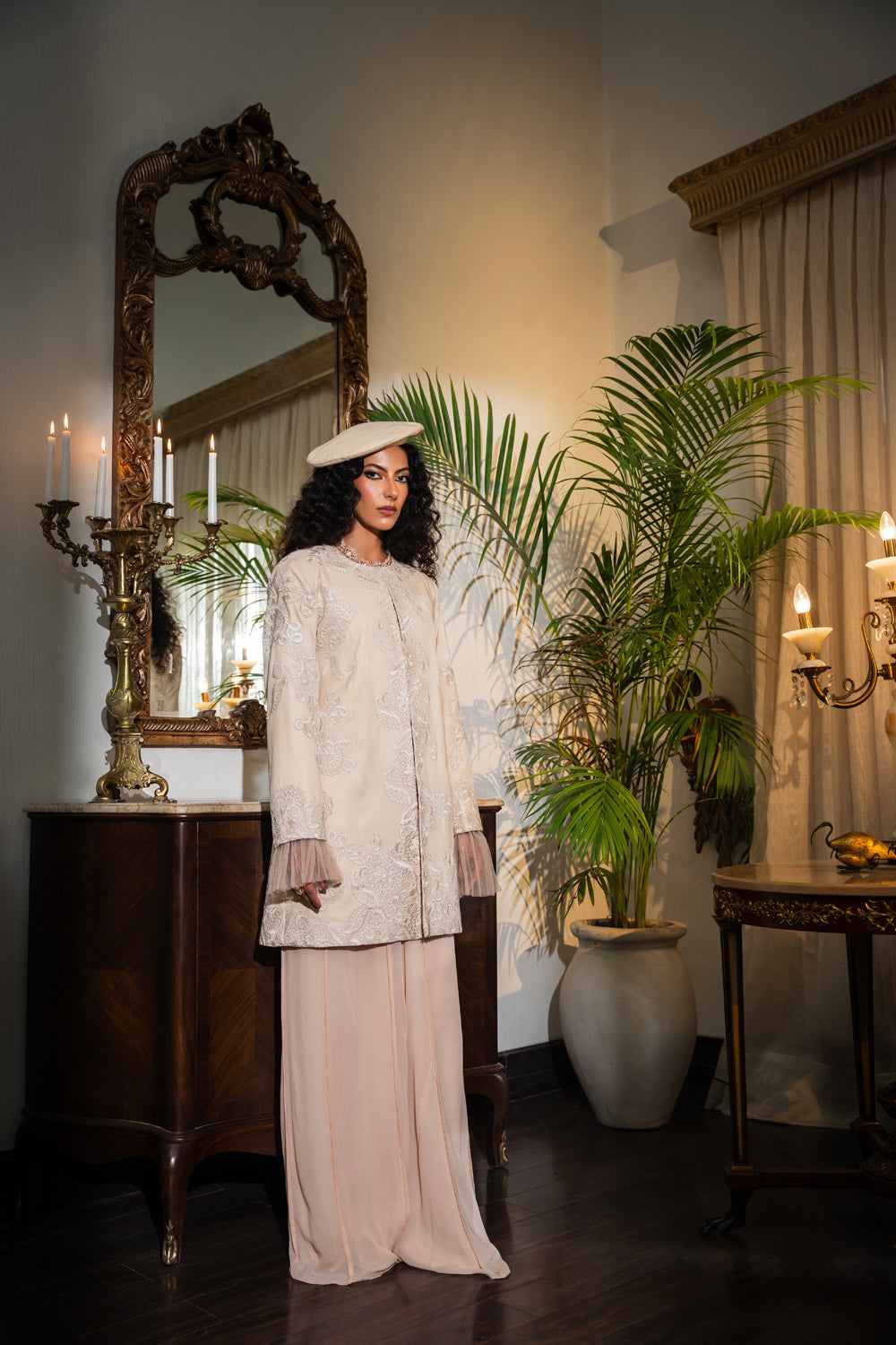 Pakistani Ivory Embroidered Velvet Jacket 3-Piece Set - Image 3