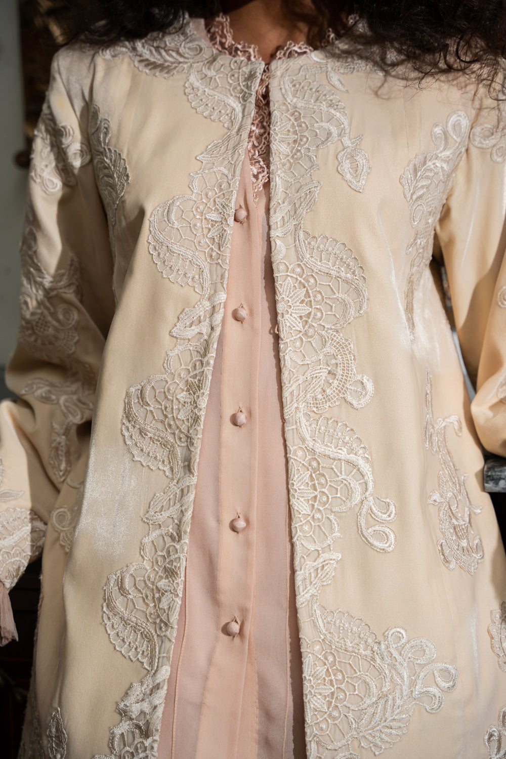 Pakistani Ivory Embroidered Velvet Jacket 3-Piece Set - Image 4