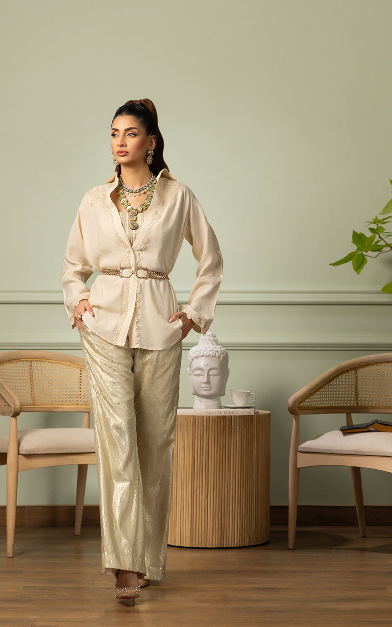 Pakistani Ivory Applique Embroidered Viscose Silk Salwar Kameez (2-Piece) - Image 2