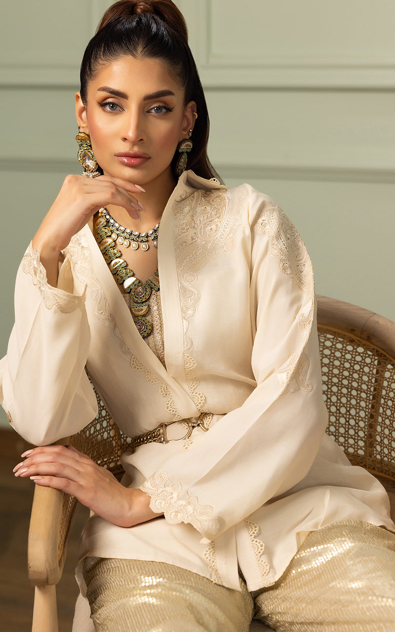 Pakistani Ivory Applique Embroidered Viscose Silk Salwar Kameez (2-Piece) - Image 3