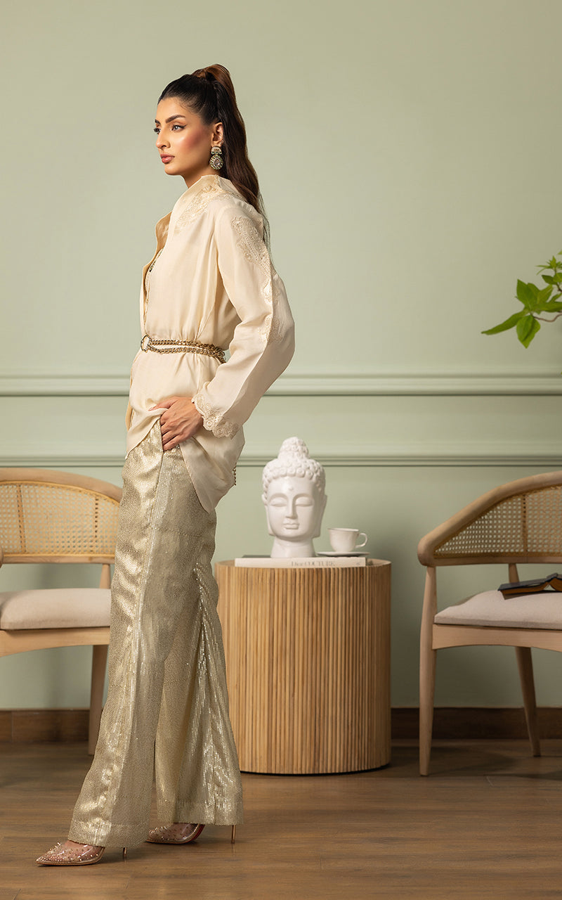 Pakistani Ivory Applique Embroidered Viscose Silk Salwar Kameez (2-Piece) - Image 4