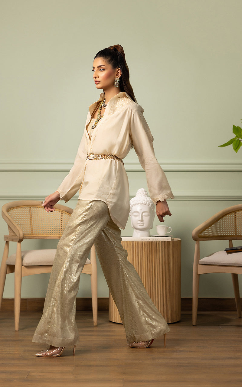 Pakistani Ivory Applique Embroidered Viscose Silk Salwar Kameez (2-Piece) - Image 6