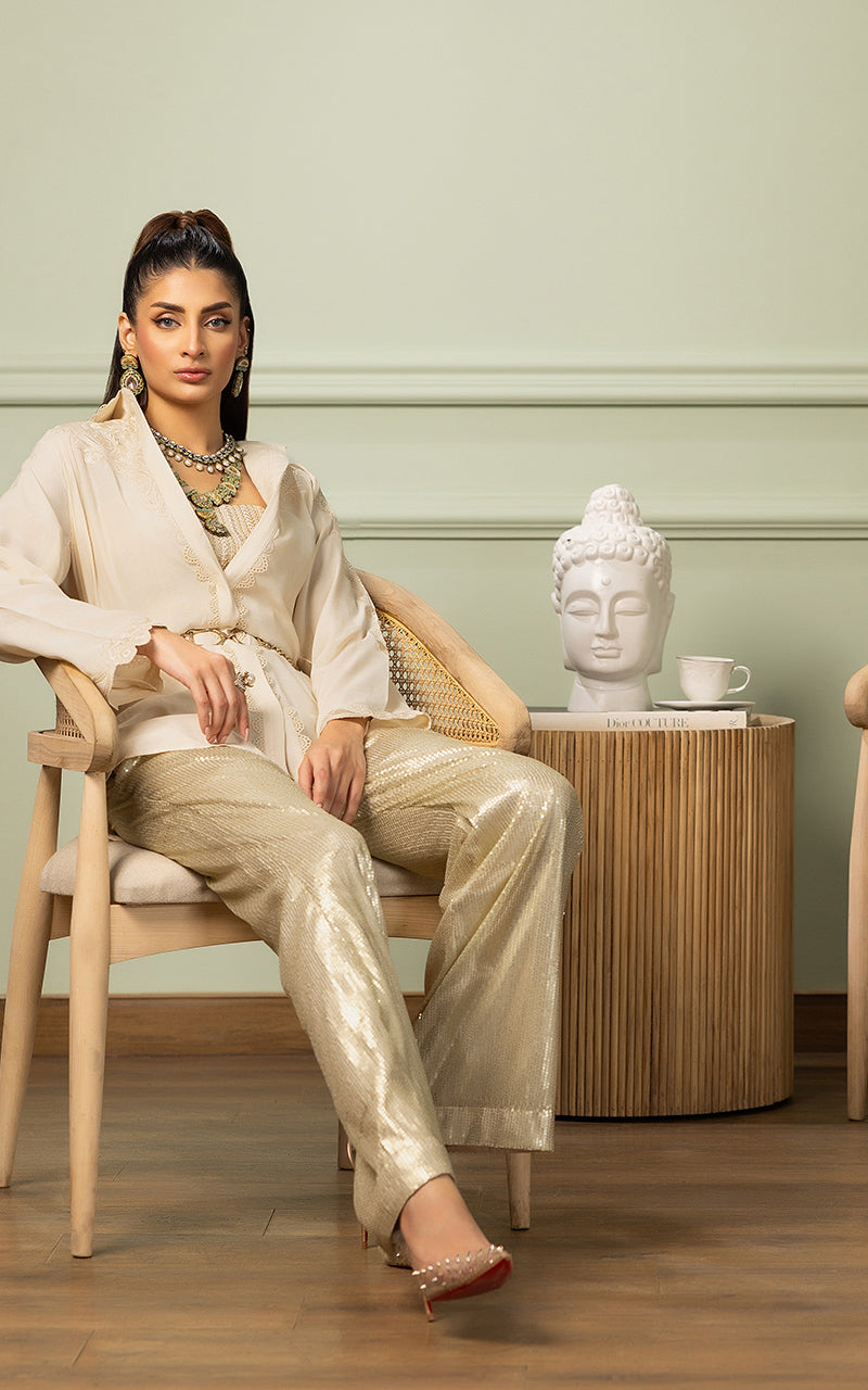 Pakistani Ivory Applique Embroidered Viscose Silk Salwar Kameez (2-Piece) - Image 7