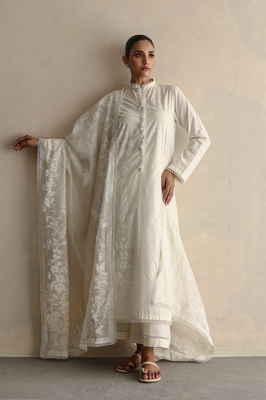 Ivory Embroidered Soft Voile Cotton Kurta Set (3-Piece) - Image 1