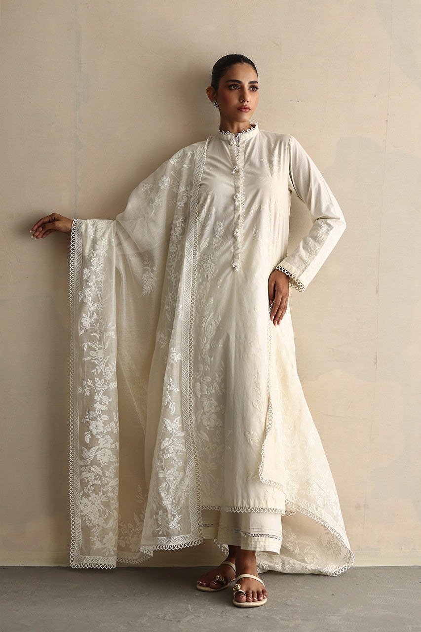 Ivory Embroidered Soft Voile Cotton Kurta Set (3-Piece) - Image 3