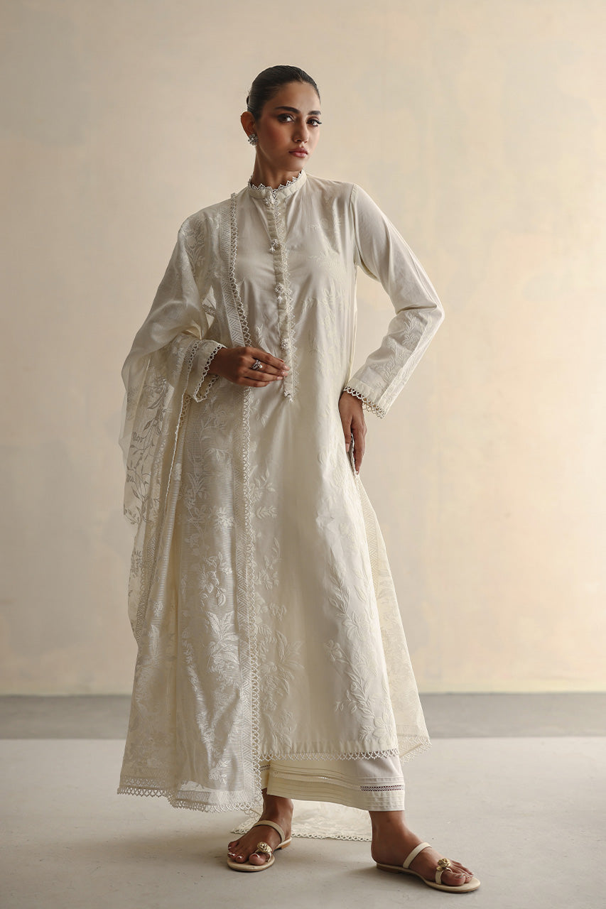 Ivory Embroidered Soft Voile Cotton Kurta Set (3-Piece) - Image 4