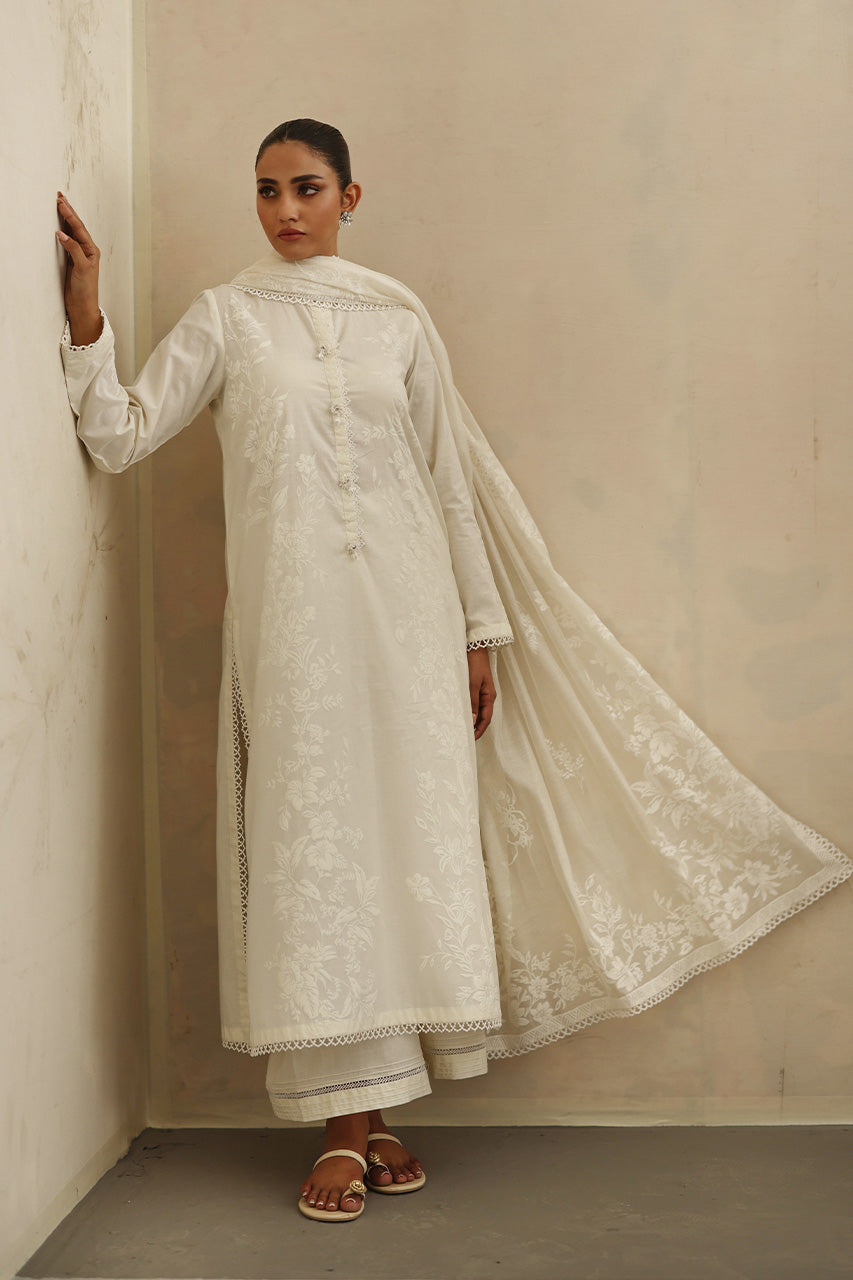 Ivory Embroidered Soft Voile Cotton Kurta Set (3-Piece) - Image 6