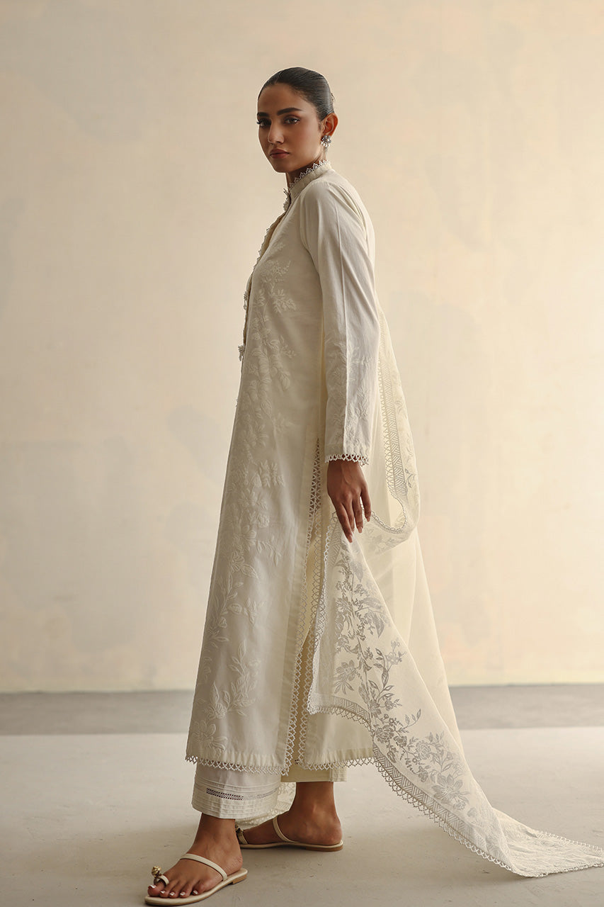 Ivory Embroidered Soft Voile Cotton Kurta Set (3-Piece) - Image 7