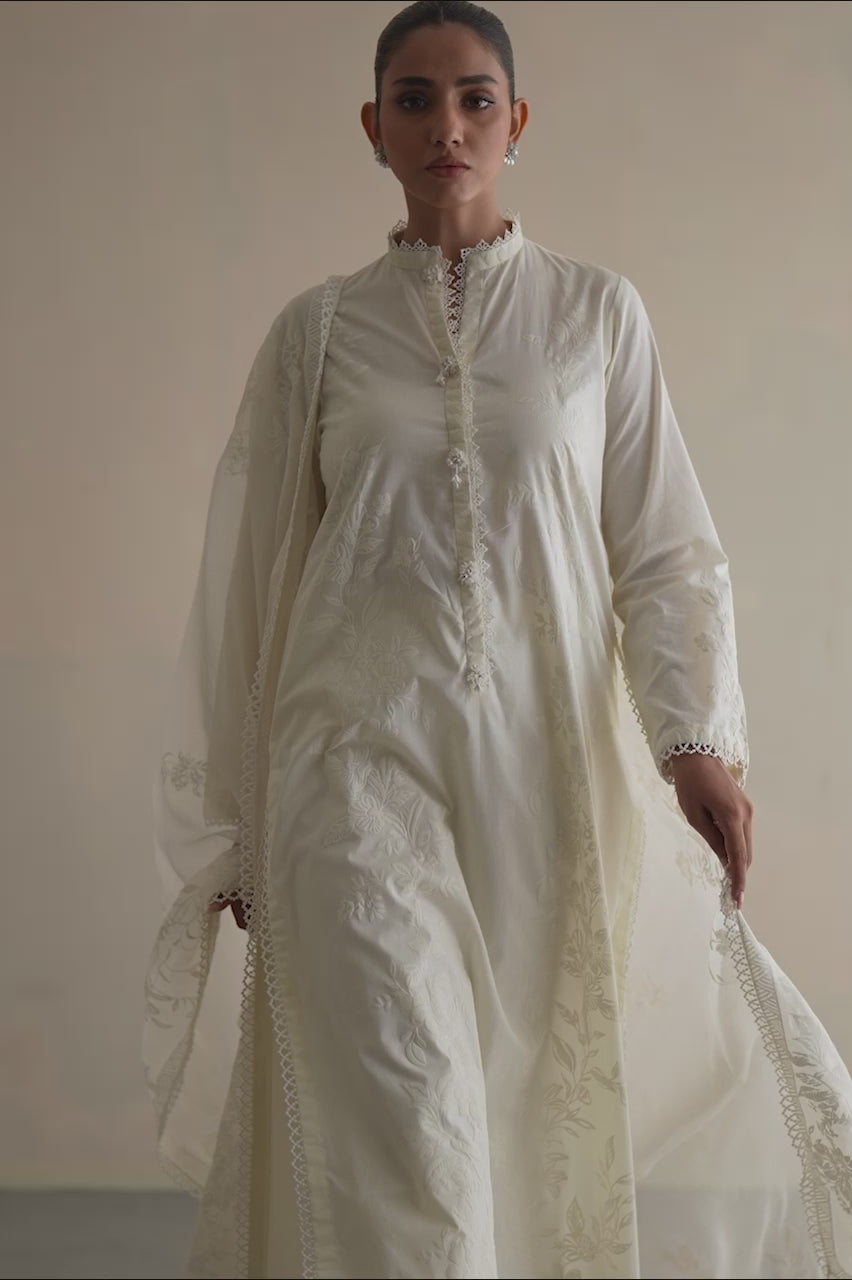 Ivory Embroidered Soft Voile Cotton Kurta Set (3-Piece) - Image 8