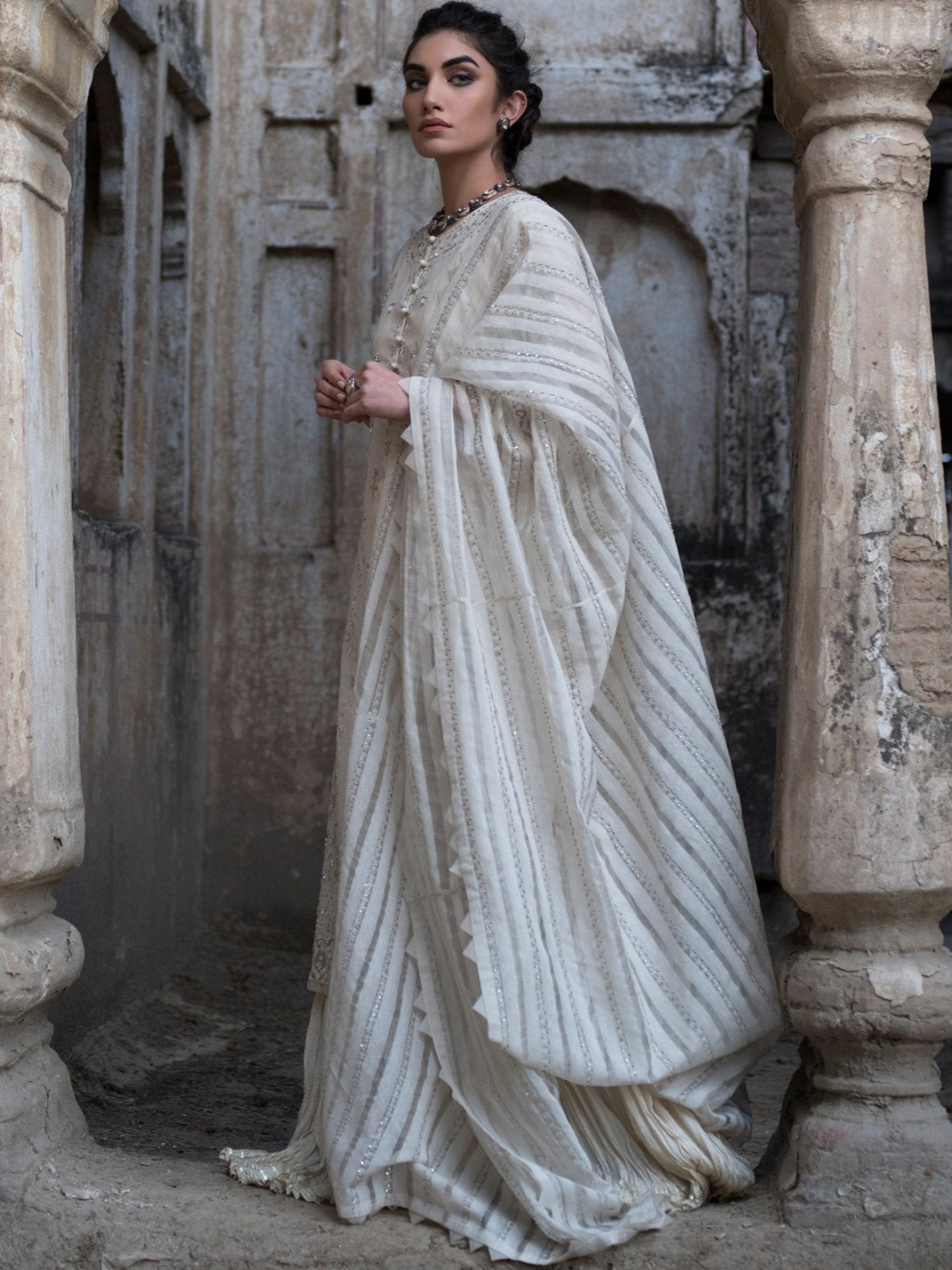 Pakistani Ivory Aari Embroidered Cotton & Silk Salwar Kameez (3-Piece) - Image 2