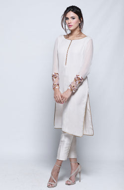 Off-White Zari Chiffon Tunic & Raw Silk Trousers (2-Piece) - Image 1