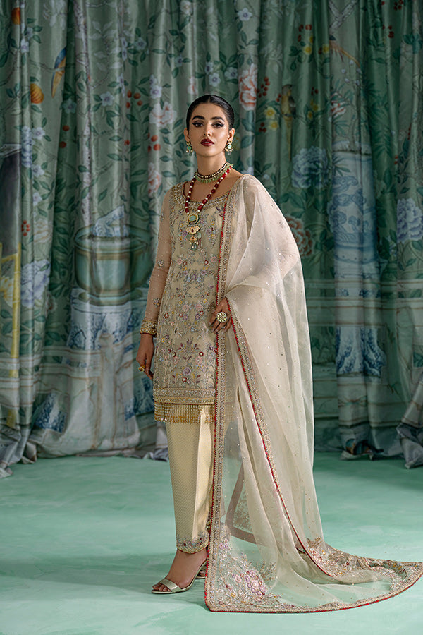 Pakistani Ivory Aari & Zardozi Zari Net Salwar Kameez (3-Piece) - Image 1