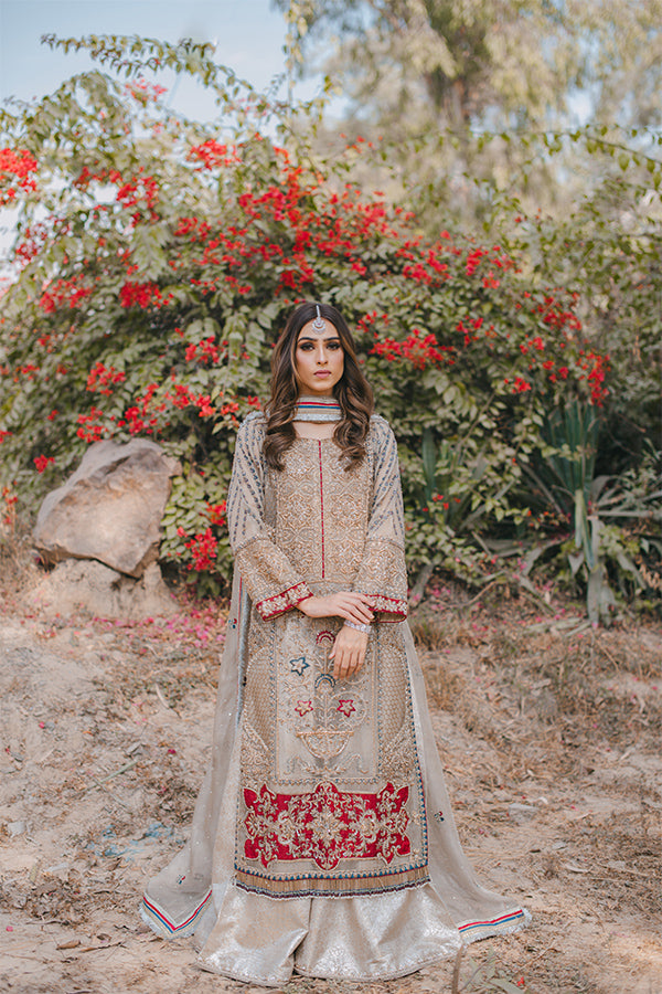 Pakistani Ivory Zari Net Jamawar Long Shirt Set (3-Piece) - Image 1