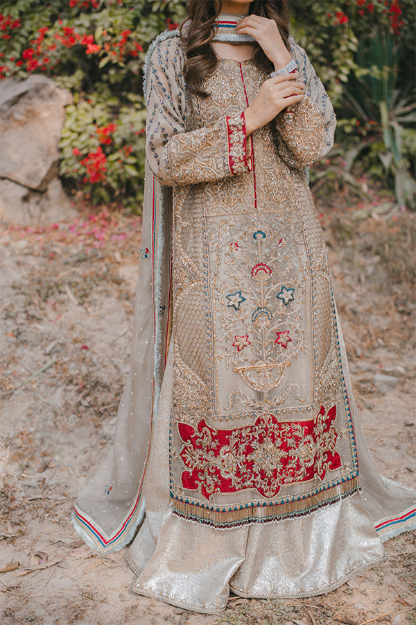 Pakistani Ivory Zari Net Jamawar Long Shirt Set (3-Piece) - Image 3