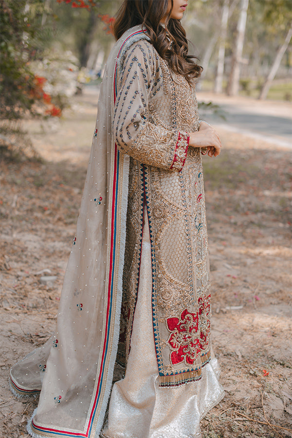 Pakistani Ivory Zari Net Jamawar Long Shirt Set (3-Piece) - Image 5