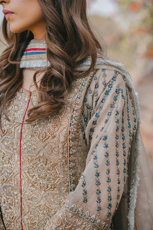 Pakistani Ivory Zari Net Jamawar Long Shirt Set (3-Piece) - Image 6