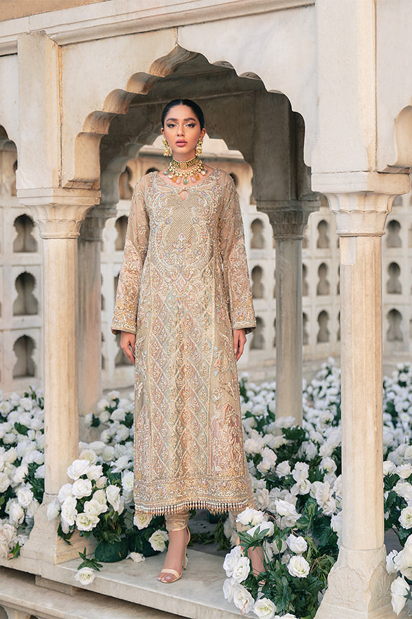 Ivory Gold Hand-Embellished Zari Net Salwar Kameez (3-Piece) - Image 1