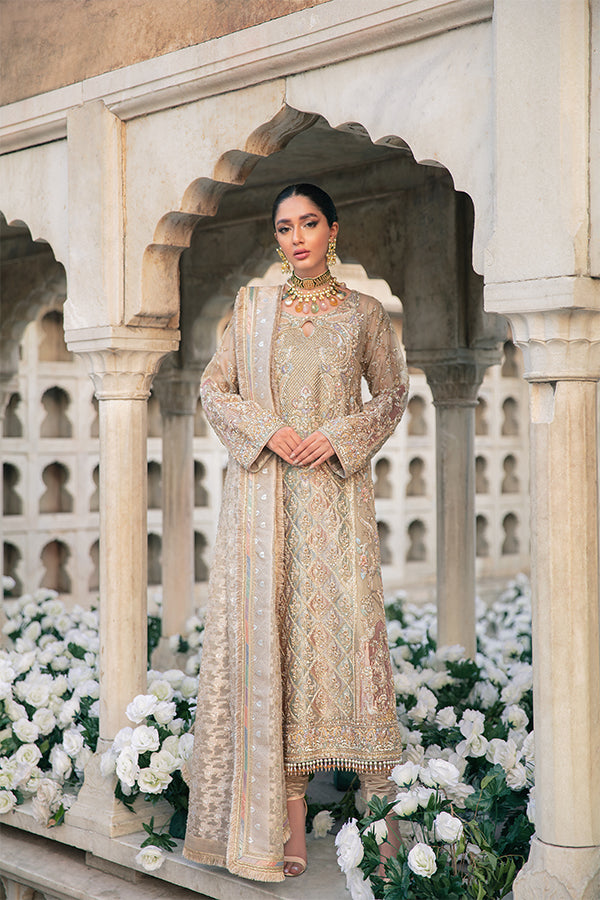Ivory Gold Hand-Embellished Zari Net Salwar Kameez (3-Piece) - Image 4