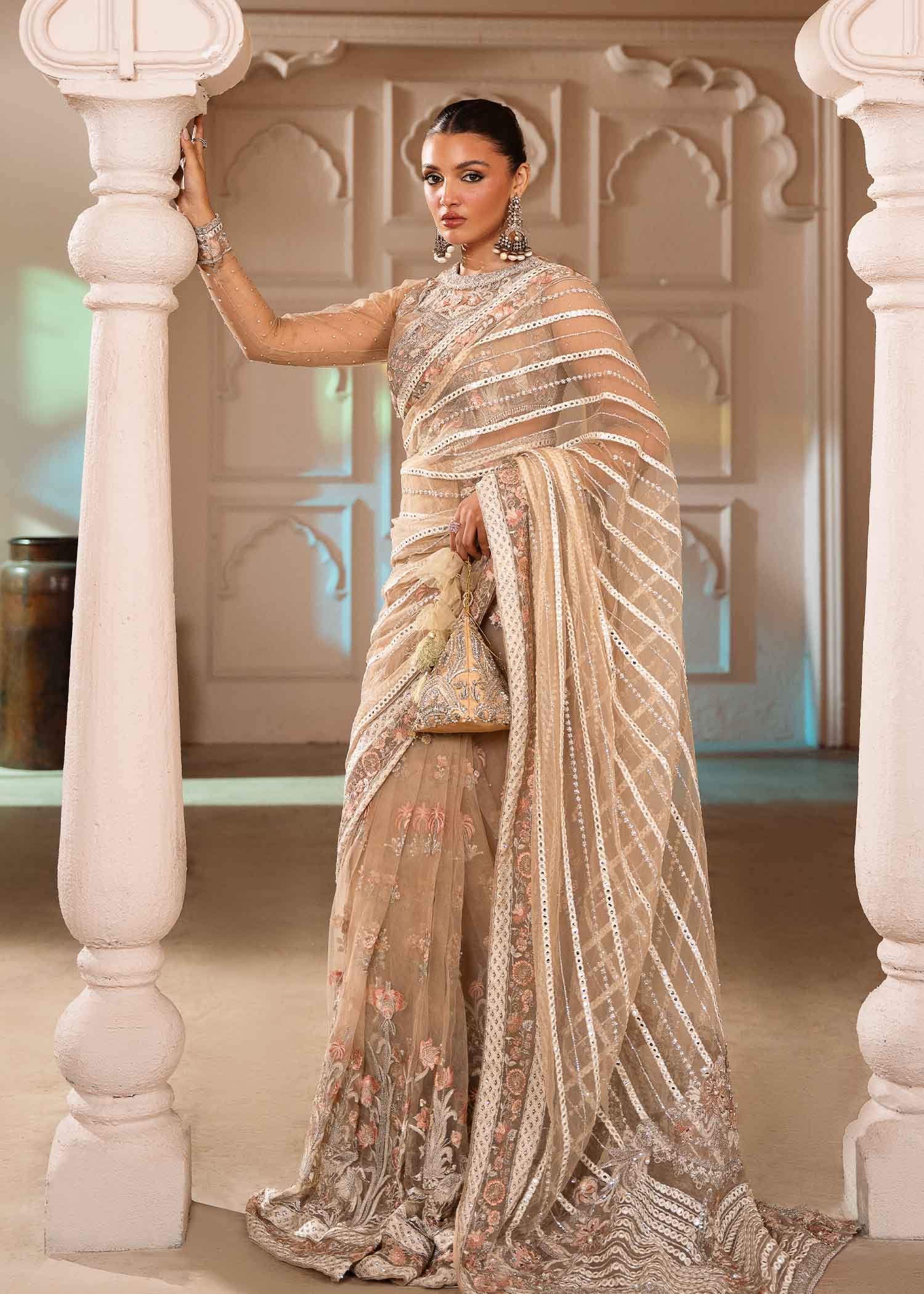 Ivory Embellished Bareeze Net Saree (2-Piece) - Image 1