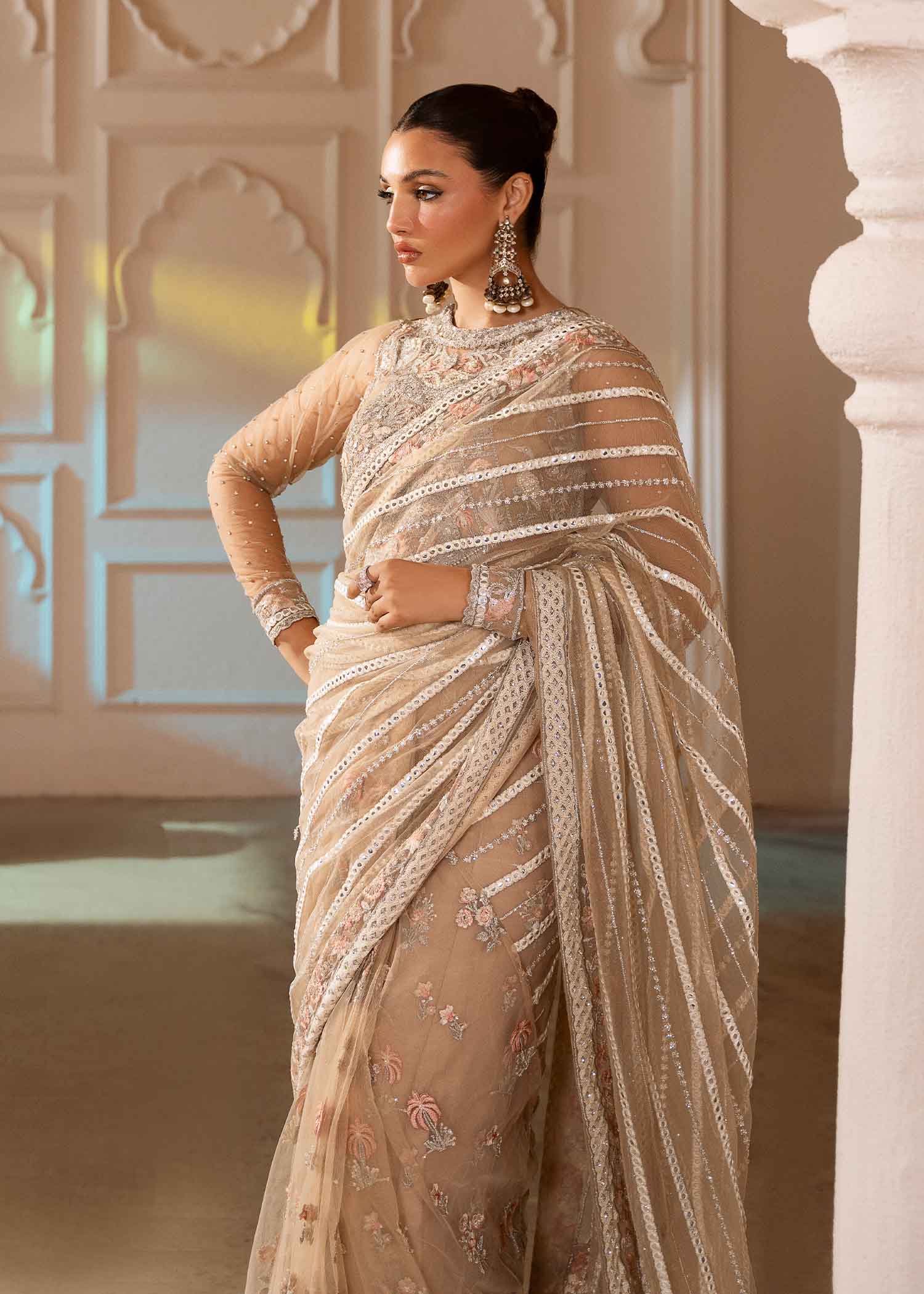 Ivory Embellished Bareeze Net Saree (2-Piece) - Image 3