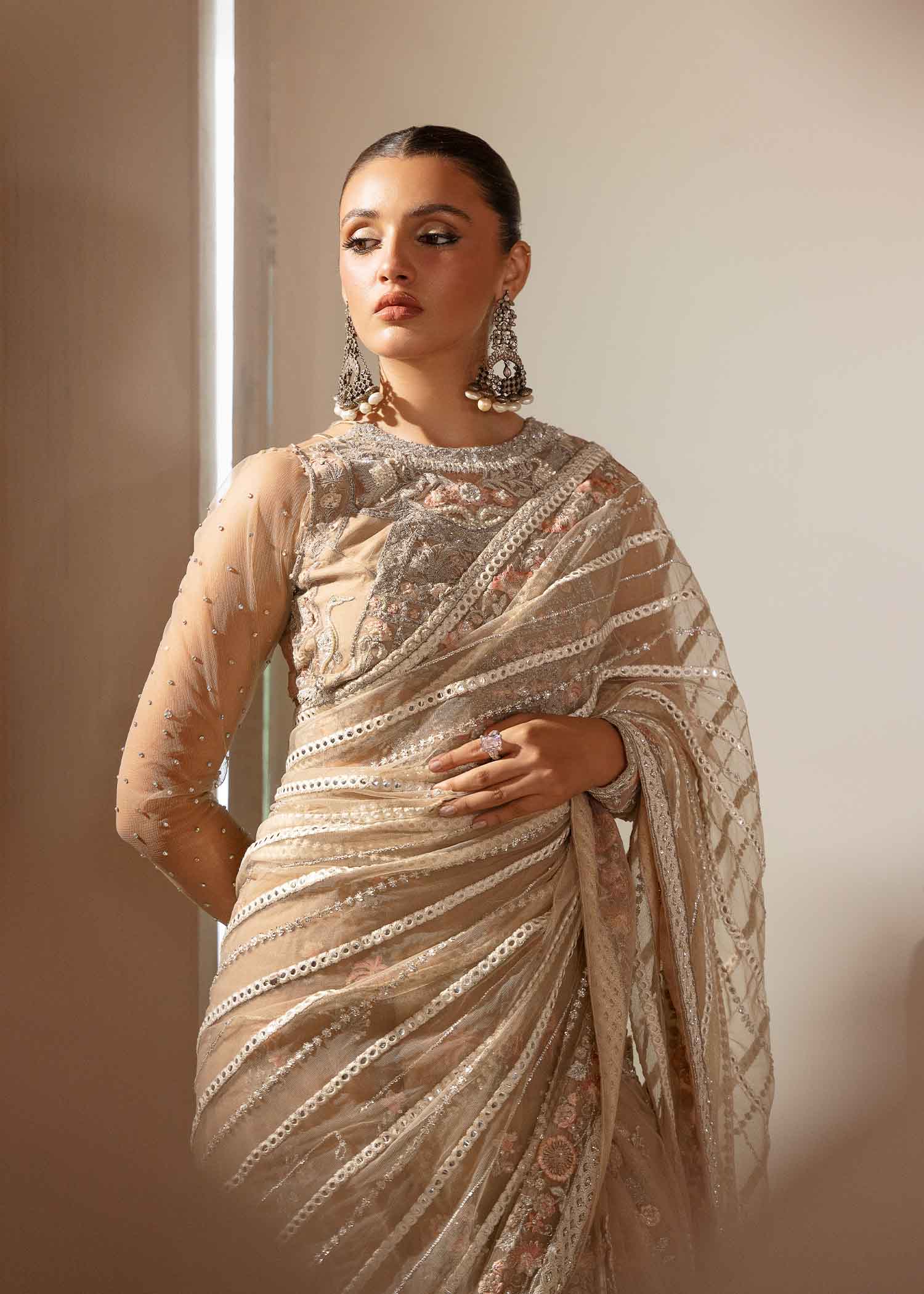 Ivory Embellished Bareeze Net Saree (2-Piece) - Image 6