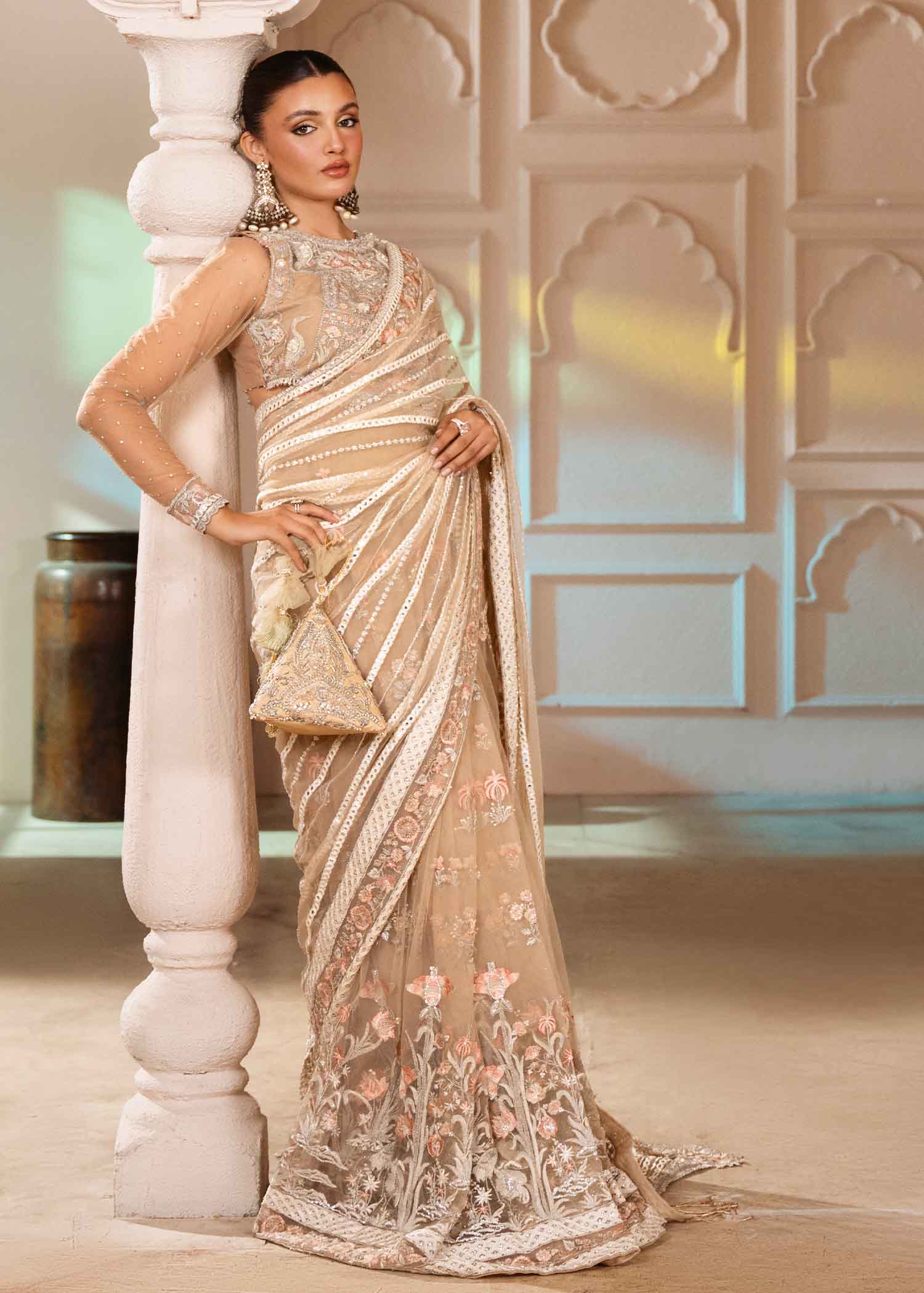 Ivory Embellished Bareeze Net Saree (2-Piece) - Image 7