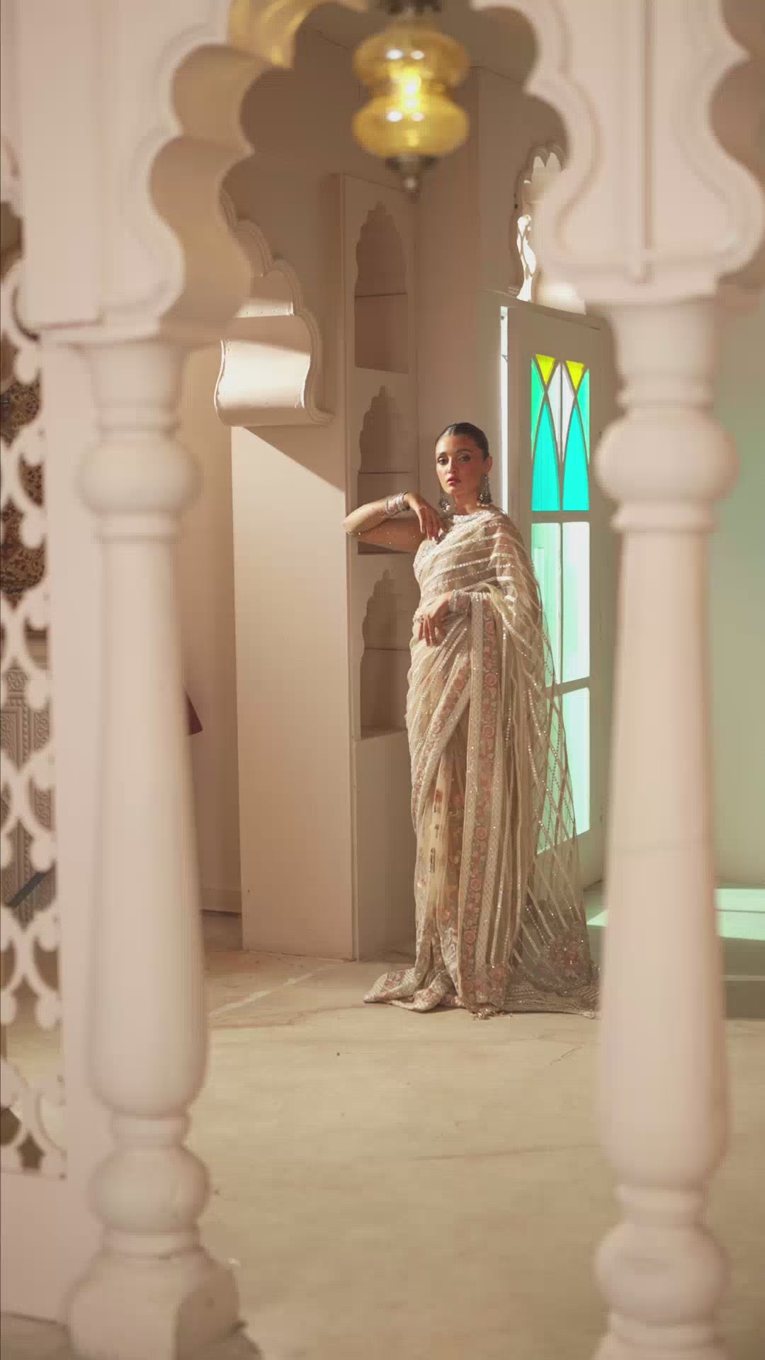 Ivory Embellished Bareeze Net Saree (2-Piece) - Image 8