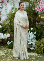 Pakistani Ivory Hand-Embellished Charmeuse Saree (2-Piece) - Image 2