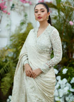Pakistani Ivory Hand-Embellished Charmeuse Saree (2-Piece) - Image 3