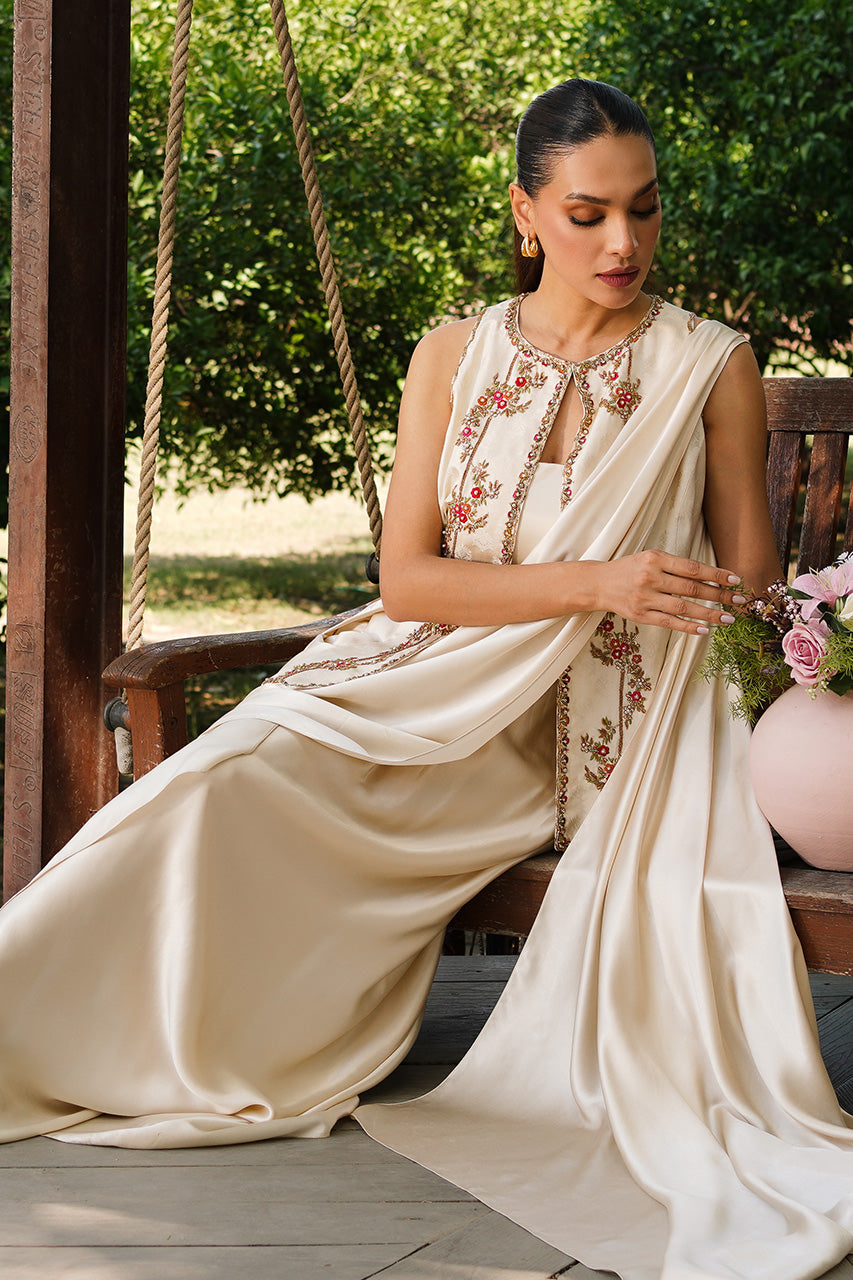 Pakistani Ivory Zardozi Jamawar Charmeuse Saree (3-Piece) - Image 5