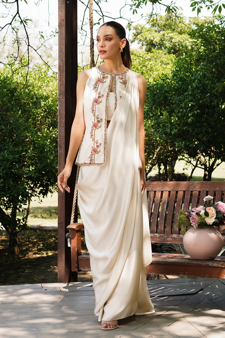 Ivory Zardozi Jamawar & Charmeuse Saree (3-Piece) - Image 1